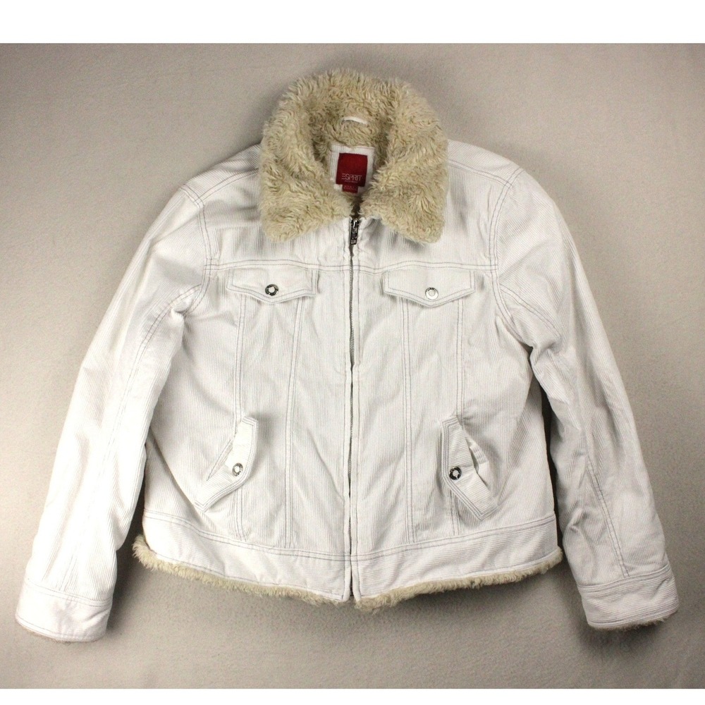 Esprit Corduroy Trucker Jacket Women XL White Faux Fur Y2K 90s Indie